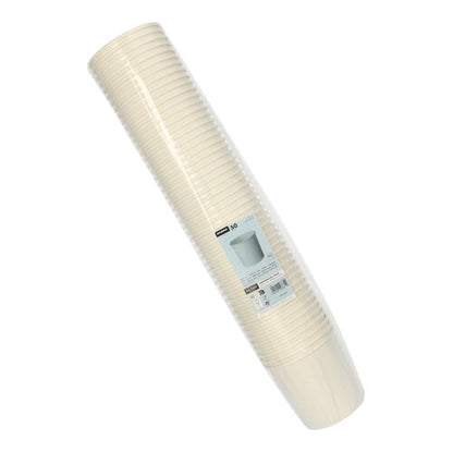 Stos 50 kubków do zupy Starpak, papierowych „To Go” okrągłych białych, razem zapakowanych w przezroczystą osłonę z etykietą z szczegółami produktu z boku.