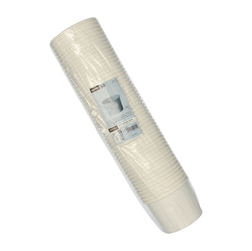 Zapieczętowane plastikowe opakowanie z 50 okrągłymi, białymi kubkami do zupy Starpak z papieru „To Go”, z informacjami o produkcie i ilustracją kubka na przedniej stronie, idealne na wynos.