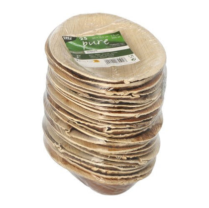 Opakowanie zawierające 25 owalnych misek z liści palmowych PAPSTAR "pure" (20x12,5 cm), ekologiczne i biodegradowalne, od PAPSTAR GmbH, w folii termokurczliwej z zielono-białą etykietą.