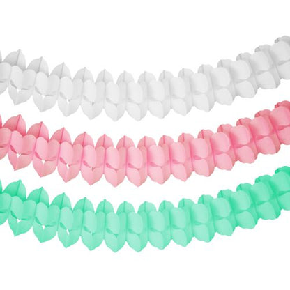 Girlanda papierowa PAPSTAR GmbH (Ø 16 cm), kolorowe "Pastel", ukazuje się w kolorach białym, różowym i miętowym z geometrycznym wzorem w formie składanej - stylowy wybór na dekorację imprezy w pastelowych kolorach.