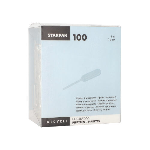 Starpak 100 pipet, PE przezroczysty od Starpak to przezroczyste pudełko z 4 ml pipetami z polietylenu do finger food, z instrukcją recyklingu i wielojęzycznymi informacjami na temat „pipet” i dozowania płynów.