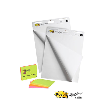 Dwa flipcharty Post-it® Super Sticky Meeting Chart (63,5x76,2cm, biały) firmy 3M Deutschland GmbH są przedstawione z dużymi, neonowymi, samoprzylepnymi notatkami Post-it® Meeting Notes (różne kolory), oba z logo Post-it Meeting Charts na dole.
