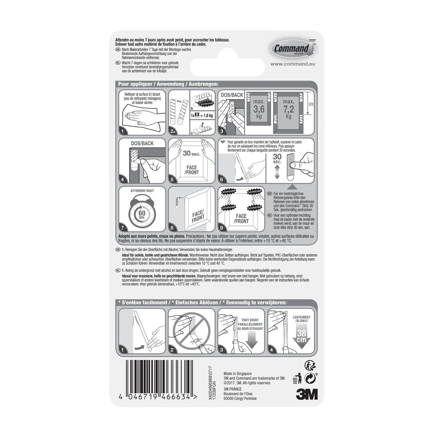 Auf der Rückseite der Command™ Bilder-Montage Strips L 17206, Weiße von 3M Deutschland GmbH finden Sie eine Schritt-für-Schritt-Anleitung zur Anwendung und Entfernung, mehrsprachige Informationen, einen Barcode, Produktdetails sowie die Logos von 3M und Command.