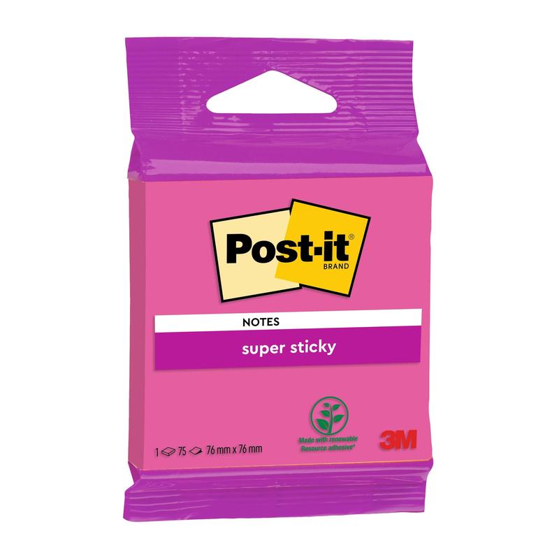 Opakowanie Post-it® Super Sticky Notes 6820S3, 76 x 76 mm, w kolorach neonowa zieleń, neonowy róż, ultrajaskrawy żółty, ultrajaskrawy zielony i ultrajaskrawy różowy (1 blok z 75 kartkami), od 3M Deutschland GmbH. Zawiera ekstra mocną siłę klejenia i certyfikację PEFC na opakowaniu.
