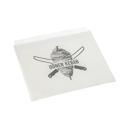 Torebki kebabowe PAPSTAR, zamiennik pergaminu, 16x16 cm, folia termokurczliwa odporna na tłuszcz (1000 sztuk) od PAPSTAR GmbH to trwałe, białe opakowanie na żywność z rożnem do kebaba i skrzyżowanymi nożami oraz tekstem "DÖNER KEBAB".