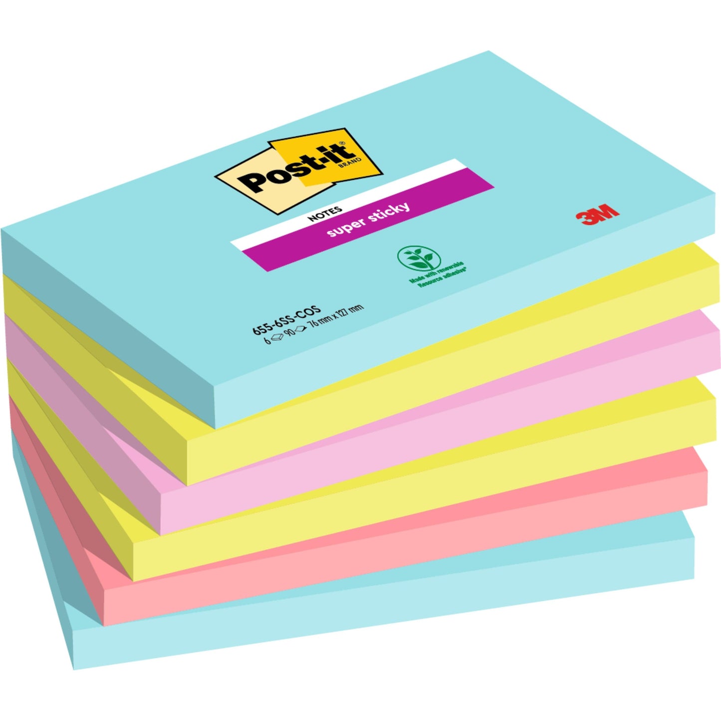 Na zdjęciu jest stos sześciu karteczek Post-it® Super Sticky Notes (76 mm x 127 mm, 90 arkuszy/blok, 100% PEFC) firmy 3M Deutschland GmbH w kolorach niebieskim, różowym i żółtym z widocznym brandingiem na górnym bloku.