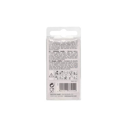 Tylny widok świeczki w kształcie cyfry PAPSTAR, Mini 6,8 cm od PAPSTAR GmbH pokazuje przezroczyste plastikowe opakowanie z tekstem, symbolami bezpieczeństwa, kodem kreskowym i wielojęzyczną instrukcją – idealne do dekoracji urodzinowej.
