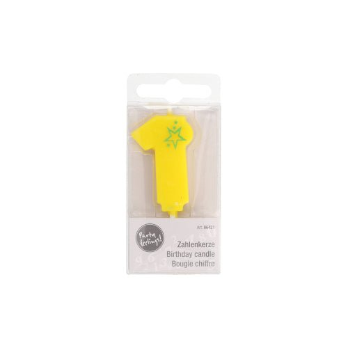 Świeczka w kształcie cyfry Mini (6,8 cm) firmy PAPSTAR GmbH to żółta świeczka urodzinowa z cyfrą jeden i zieloną gwiazdką, zapakowana w przezroczysty blister z niemieckimi, angielskimi i francuskimi napisami – idealna do stylowej dekoracji urodzinowej.