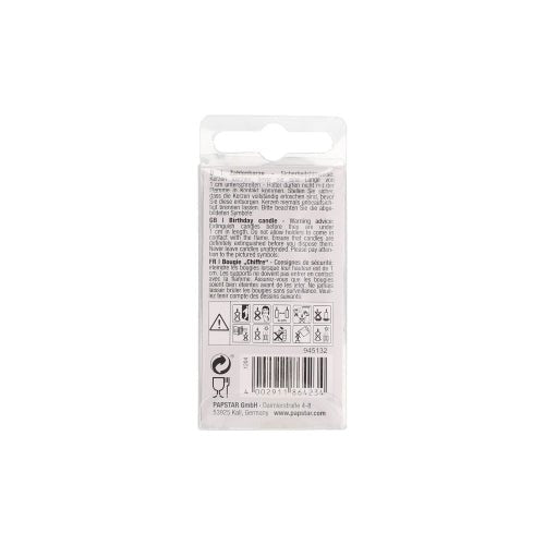 Zdjęcie przedstawia tył świeczki w kształcie cyfry Mini 6,8 cm firmy PAPSTAR GmbH z czarnymi wskazówkami, ostrzeżeniami, symbolami, kodem kreskowym i informacjami o recyklingu na białym opakowaniu z otworem do zawieszania na górze.