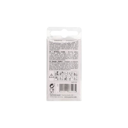 Zdjęcie przedstawia tył świeczki w kształcie cyfry Mini 6,8 cm firmy PAPSTAR GmbH z czarnymi wskazówkami, ostrzeżeniami, symbolami, kodem kreskowym i informacjami o recyklingu na białym opakowaniu z otworem do zawieszania na górze.