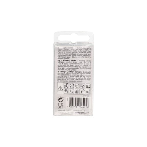 Na tylnej stronie małej świeczki z liczbami Mini 6,8 cm firmy PAPSTAR GmbH znajdują się pod zawieszką gęsto wydrukowane wielojęzyczne instrukcje, ostrzeżenia i symbole ostrożności. Nadaje się do dekoracji świeczkami z liczbami.