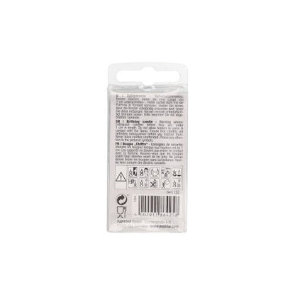 Na tylnej stronie małej świeczki z liczbami Mini 6,8 cm firmy PAPSTAR GmbH znajdują się pod zawieszką gęsto wydrukowane wielojęzyczne instrukcje, ostrzeżenia i symbole ostrożności. Nadaje się do dekoracji świeczkami z liczbami.