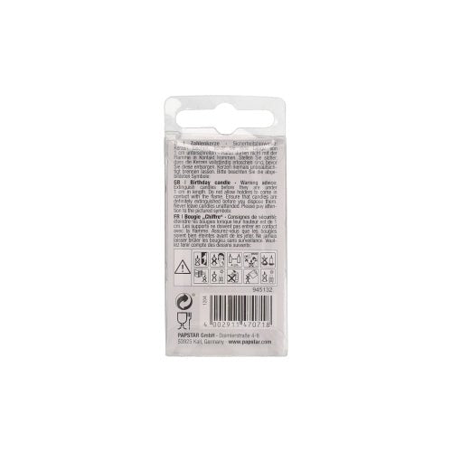Tylna strona świeczki z liczbami Mini 6,8 cm firmy PAPSTAR GmbH z instrukcją i wskazówkami bezpieczeństwa w kilku językach. Czarny tekst na białym tle z symbolami bezpieczeństwa – idealne na Twój tort urodzinowy.