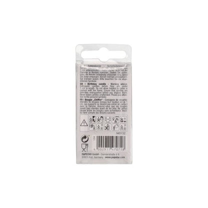 Tylna strona świeczki z liczbami Mini 6,8 cm firmy PAPSTAR GmbH z instrukcją i wskazówkami bezpieczeństwa w kilku językach. Czarny tekst na białym tle z symbolami bezpieczeństwa – idealne na Twój tort urodzinowy.