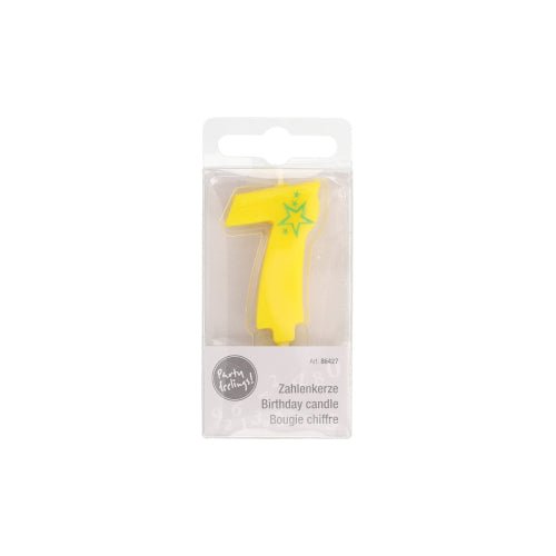 PAPSTAR świeczka z liczbami Mini 6,8 cm firmy PAPSTAR GmbH to żółta liczba 7 z zieloną gwiazdką, idealna do dekoracji tortów urodzinowych. Dostarczana jest w przezroczystym plastikowym pudełku z wielojęzycznym napisem „Świeczka urodzinowa”.