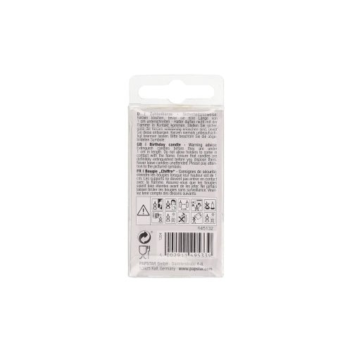 Tylna strona świeczki z liczbami Mini 6,8 cm firmy PAPSTAR GmbH jest przedstawiona i zawiera czarne wielojęzyczne instrukcje, ostrzeżenia, symbole, kod kreskowy, symbol recyklingu oraz zawieszkę na górze.