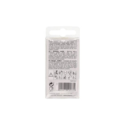 Tylna strona świeczki z liczbami Mini 6,8 cm firmy PAPSTAR GmbH jest przedstawiona i zawiera czarne wielojęzyczne instrukcje, ostrzeżenia, symbole, kod kreskowy, symbol recyklingu oraz zawieszkę na górze.