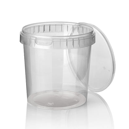 Przezroczysty, okrągły pojemnik Starpak 30 na delikatesy (770 ml, Ø 11,8 cm) z oryginalnym zamknięciem jest lekko otwarty na białym tle, poniżej subtelne odbicie. Zawartość: 30 pojemników PP nadających się do kontaktu z żywnością z folią termokurczliwą.
