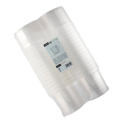Opakowanie z 30 przezroczystymi jednorazowymi kubkami Starpak 770 ml (Ø 11,8 cm, H 11,3 cm, PP) z oryginalnym zamknięciem, owinięte folią termokurczliwą i oznaczone informacjami o produkcie oraz kodem kreskowym.