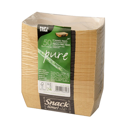 Stos 50 PAPSTAR tacki na frytki „pure” (3,5 x 7 cm) od PAPSTAR GmbH, oznaczone „Good Food”, wykonane z surowców odnawialnych, biodegradowalne, przyjazne dla środowiska – idealne do serwowania frytek.