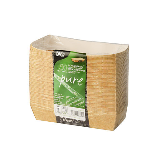 Stos 50 PAPSTAR pojemników na frytki „pure“ Good Food (3,5 x 7 cm) firmy PAPSTAR GmbH jest owinięty folią i ma etykietę, na której widnieje marka, szczegóły produktu, wymiary i symbole ekologiczne.