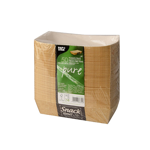 Zapieczętowane opakowanie z 50 prostokątnymi brązowymi pojemnikami na frytki „pure“ „Good Food“ firmy PAPSTAR GmbH, 3,5 x 7 cm, z oznaczeniem ekologicznym i informacją o produkcie.