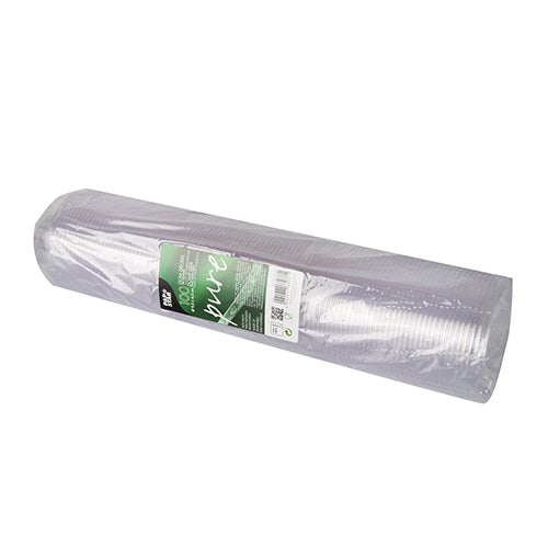 Opakowanie pokrywek kopułowych PAPSTAR 100, PLA „pure“ okrągłe pokrywki (Ø 9,5 cm, wysokość 4,5 cm, przezroczyste) firmy PAPSTAR GmbH jest owinięte w przezroczystą folię i oznaczone zielono-białą etykietą opakowań żywnościowych; pokrywki są ułożone poziomo.