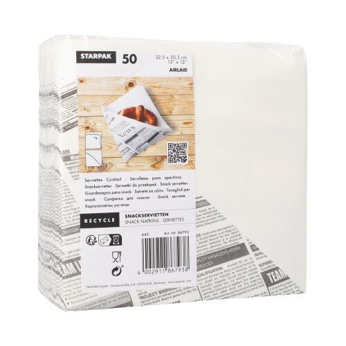 Opakowanie 50 Starpak Airlaid serwetek przekąskowych (32,5 x 30,5 cm, biały, wzór z nadrukiem gazetowym), podobnych do tkaniny z 1/4-złożeniem, w foliowym woreczku. Zawiera symbole recyklingu i szczegóły produktu na etykiecie.