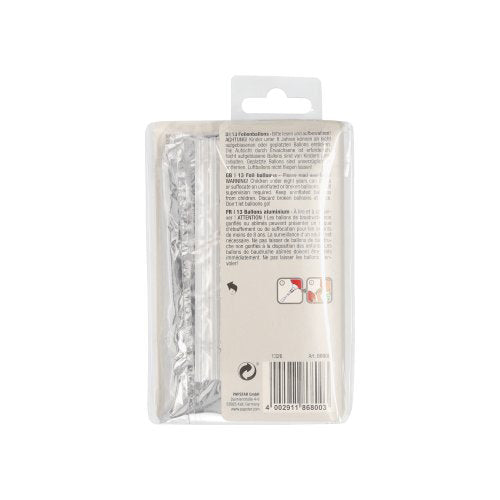 Przezroczyste opakowanie z zestawem balonów foliowych „Happy Birthday” PAPSTAR GmbH; tył z nadrukowaną instrukcją, kodem kreskowym i motywami „Happy Birthday”. Górna część z uchwytem do zawieszania na prezentację.