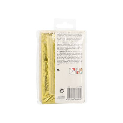 Koc ratunkowy zapakowany w przezroczystą plastikową torbę z widoczną złotą folią, przypominający blask zestawu balonów foliowych „Happy Birthday” PAPSTAR GmbH, posiada na tylnej stronie opakowania instrukcję użytkowania i kod kreskowy.