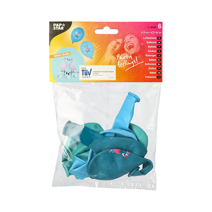 In einem transparenten Plastikbeutel der PAPSTAR GmbH befinden sich sechs farbig sortierte Luftballons (Ø 29 cm), jeweils mit Flamingo-Motiven in Blau und Grün. Die Verpackung zeigt ein PAPSTAR-Etikett, Produktinformationen und oben rechts ein Bild von zwei lächelnden Menschen.