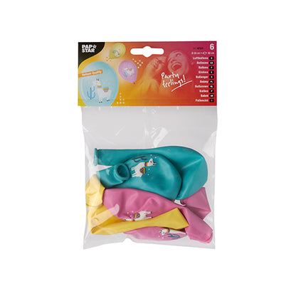 Eine Packung mit sechs transparenten Luftballons der PAPSTAR GmbH (29 cm) in Gelb, Pink und Blaugrün, jeweils mit Lama-Aufdruck. Das obere Etikett ist rot-orange und trägt die Aufschrift „PAPSTAR“ und „Party Feeling!“. Produkt: PAPSTAR 6 Luftballons farbig sortiert.
