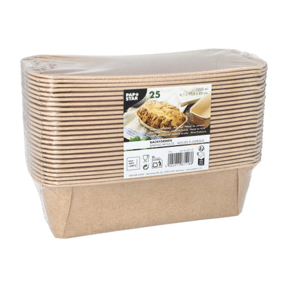 Stos PAPSTAR 25 form do pieczenia „pure“ prostokątnych brązowych od PAPSTAR GmbH, zapakowany w przezroczystą folię. Etykieta pokazuje szczegóły produktu i ilustrację wypieków.
