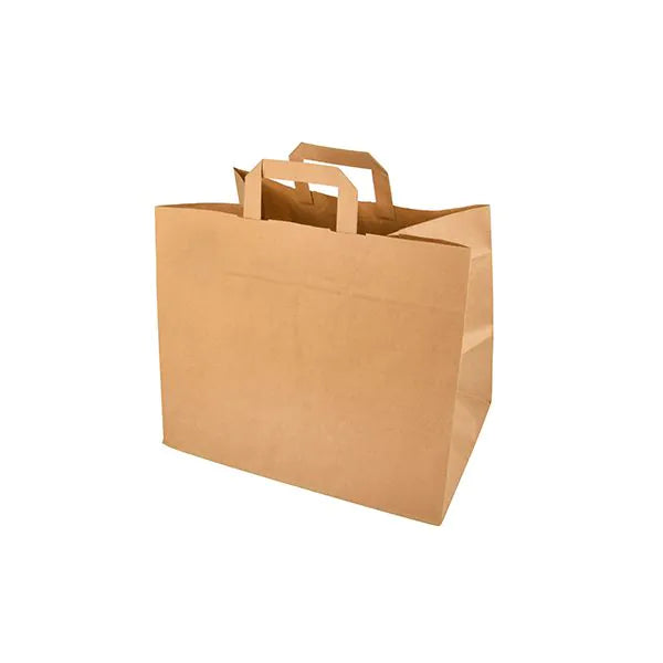 Die PAPSTAR GmbH 50 Tragetaschen Papier mit Tragegriff, in schlichtem Braun mit flachen Griffen, ist aufrecht vor weißem Hintergrund abgebildet, was das umweltfreundliche Design und die geräumigen leeren Seiten und Böden hervorhebt.