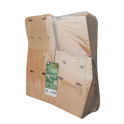 Eine Packung mit 50 PAPSTAR Pommes-Frites-Boxen aus braunem „pure“-Karton mit dem Label „100% Fair“, verpackt in transparenter Folie. Umweltfreundlich hergestellt von der PAPSTAR GmbH für eine nachhaltige Wahl.