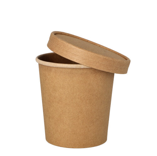 Okrągły kubek na zupę PAPSTAR, 9,8 cm w brązie z pasującą pokrywką od PAPSTAR GmbH leży ukośnie na białym tle. Idealny do zup i dostępny w zestawie po 25 sztuk.