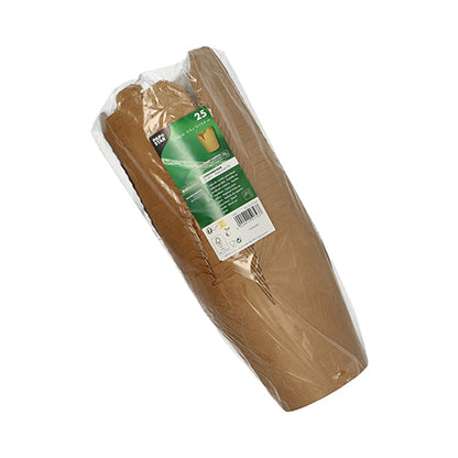 25 pudełek na przekąski firmy PAPSTAR GmbH, prostokątne i brązowe z tektury, w ekologicznym zestawie – zapakowane w przezroczystą folię z zielono-białą etykietą. Idealne na przekąski w podróży.