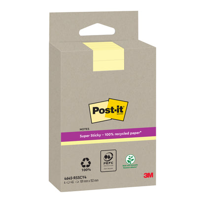 Eine gelbe Packung Post-it® Super Sticky 100% Recycling Notes (102 mm x 152 mm, liniert, 45 Blatt/Block, 4 Blöcke/Packung) der 3M Deutschland GmbH ist mit dem Post-it Logo und Umweltzertifizierungen wie PEFC abgebildet.