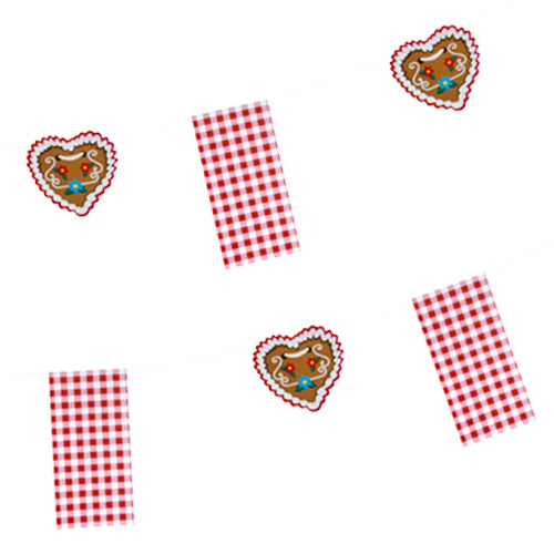 Girlanda papierowa PAPSTAR "Hüttengaudi" (4 m) firmy PAPSTAR GmbH to świąteczna dekoracja imprezowa z czerwono-białymi kratkowymi flagami i piernikowymi motywami w kształcie serca, ozdobionymi białym i niebieskim lukrem. Tło jest jednolicie białe.