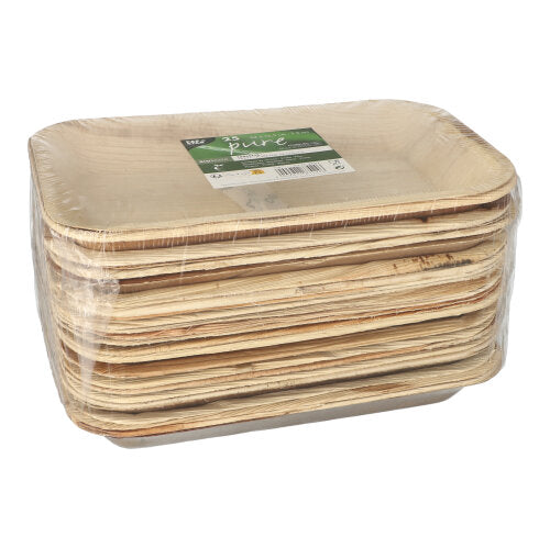 Stos PAPSTAR 25 tabletek, liść palmowy „pure“ prostokątne od PAPSTAR GmbH, zapakowany w przezroczystą folię z zielono-białą etykietą; te prostokątne płyty są biodegradowalne.
