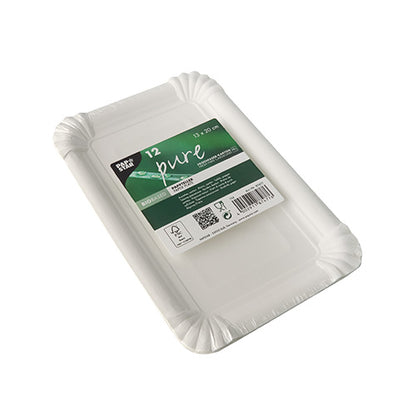 Opakowanie 12 prostokątnych białych jednorazowych talerzy PAPSTAR "pure" (13x20 cm) na przyjęcia, z podwyższonym rantem i zaokrąglonymi rogami, firmy PAPSTAR GmbH. Ekologiczne, zafoliowane opakowanie z symbolami recyklingu na etykiecie.