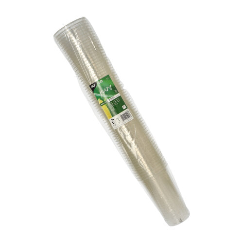 Opakowanie 60 sztuk PAPSTAR kubków na zimne napoje PLA "pure", przezroczystych (Ø 9,5 cm, 15,14 cm), od PAPSTAR GmbH, biodegradowalnych, ułożonych w stos i zapakowanych w przezroczystą folię z zielono-białą etykietą.