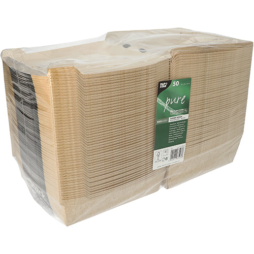 Stos 50 PAPSTAR "pure" pudełek na burgery od PAPSTAR GmbH, z kartonu, w przezroczystej plastikowej folii z zieloną etykietą - ekologiczne pudełko na hamburgery do zrównoważonego pakowania.