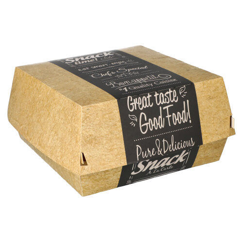 PAPSTAR 50 pudełek na burgery, tektura "pure" "Good Food" od PAPSTAR GmbH to zamknięte, ekologiczne pudełko na hamburgery z brązową powłoką i białym napisem: "Great taste, Good Food! Pure & Delicious, Snack La Carte", na białym tle.