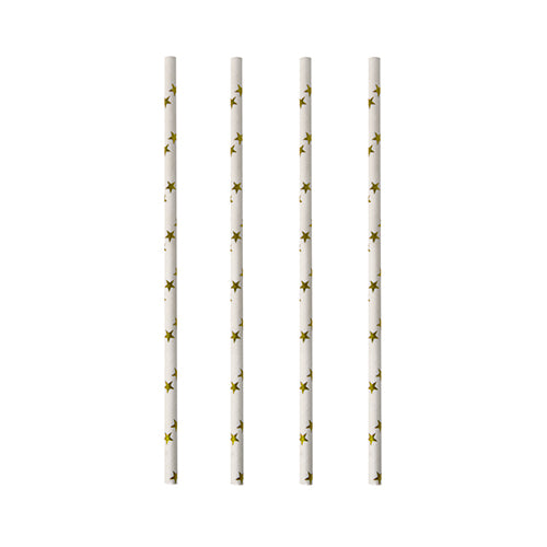 Cztery PAPSTAR 100 papierowych słomek (Ø 6 mm) marki PAPSTAR GmbH z żółtymi wzorami gwiazd są ustawione pionowo na białym tle.