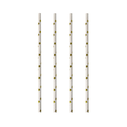 Cztery PAPSTAR 100 papierowych słomek (Ø 6 mm) marki PAPSTAR GmbH z żółtymi wzorami gwiazd są ustawione pionowo na białym tle.