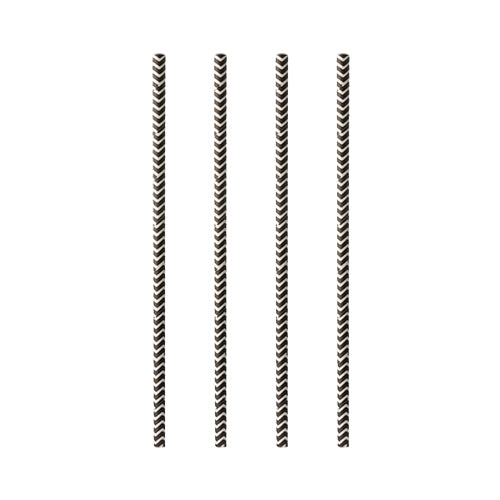 Cztery PAPSTAR 100 papierowych słomek (Ø 6 mm) marki PAPSTAR GmbH są czarno-białe w paski i ustawione pionowo na prostym białym tle.