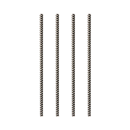 Cztery PAPSTAR 100 papierowych słomek (Ø 6 mm) marki PAPSTAR GmbH są czarno-białe w paski i ustawione pionowo na prostym białym tle.