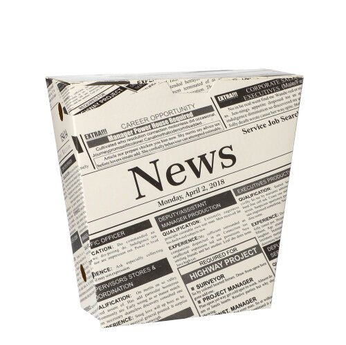 Die PAPSTAR Pommes-Frites-Schütte "Newsprint" der PAPSTAR GmbH ist ein rechteckiger Papier- und Folienhalter mit klappbarem Deckel, der auf weißem Hintergrund schwarze Texte, Schlagzeilen und Kleinanzeigen im Zeitungsstil zeigt. "News" und das Datum "Monday, April 2, 2018" sind sichtbar.