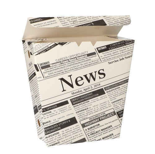 Die PAPSTAR Pommes-Frites-Schütte "Newsprint" (50 Stück) der PAPSTAR GmbH ist eine Pappdose zum Mitnehmen mit Klappdeckel, die dem Zeitungsdruck nachempfunden ist - perfekt, um Pommes umweltfreundlich zu servieren.